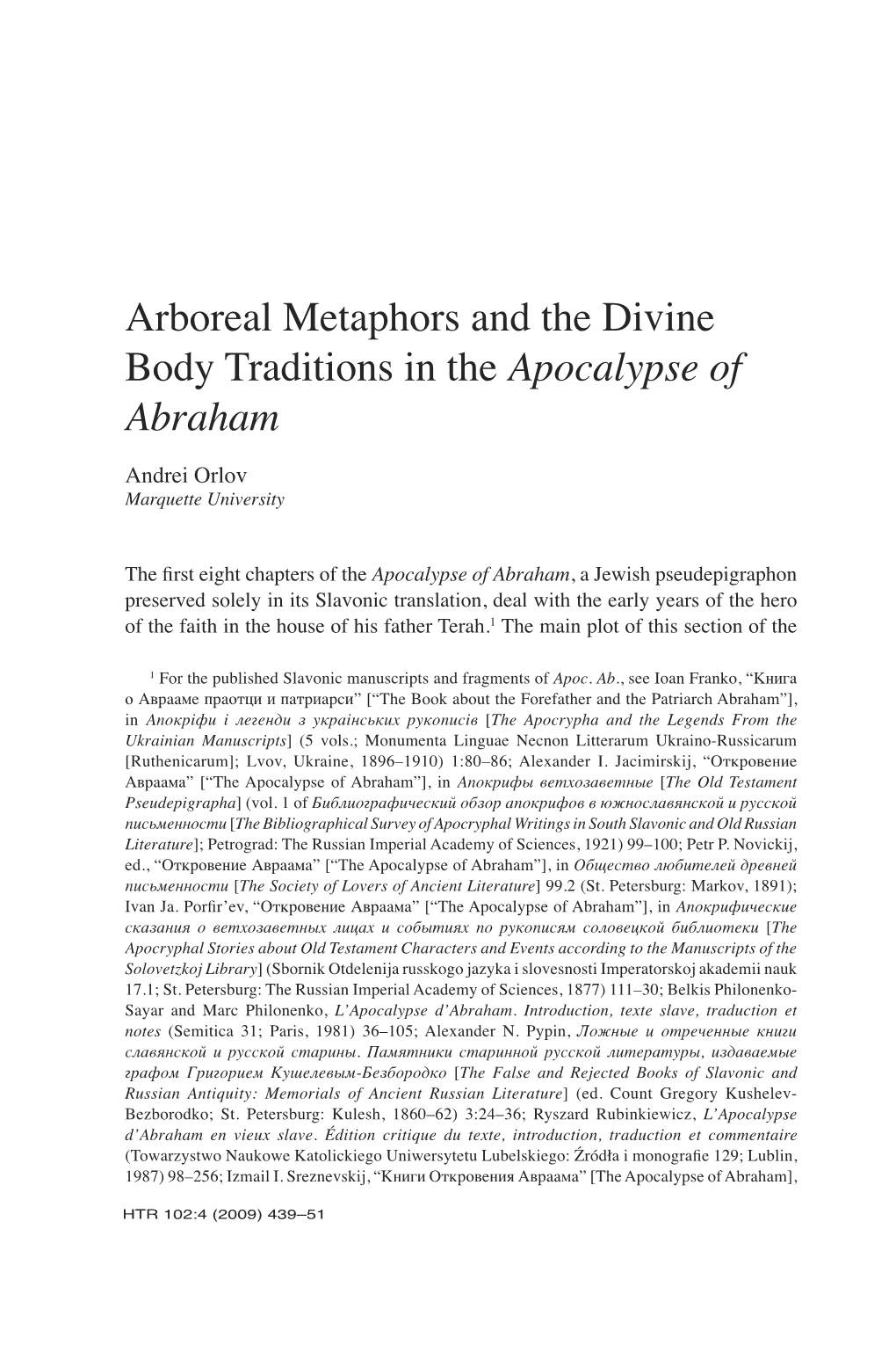 Arboreal Metaphors and the Divine Body Traditions in the Apocalypse of Abraham