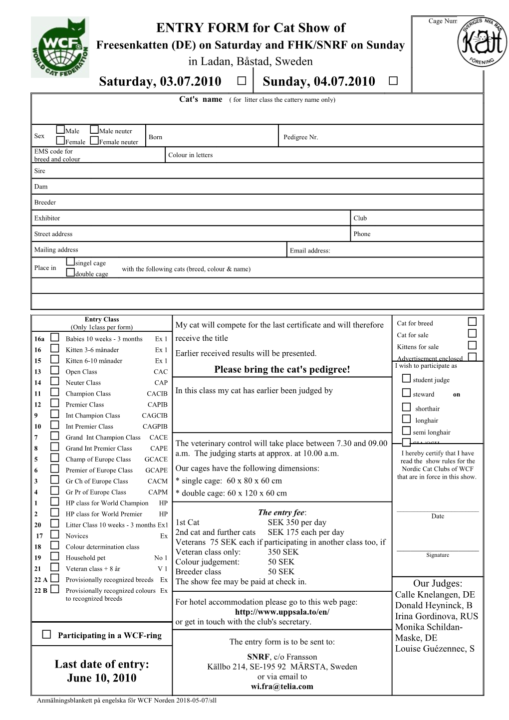 ENTRY FORM for Cat Show of SNRF