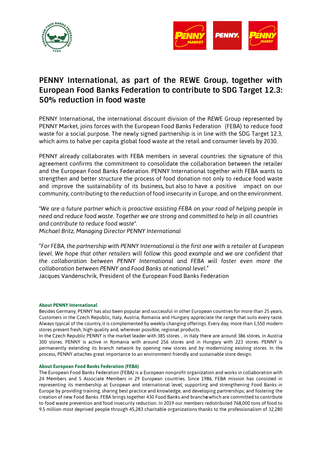 PENNY International, As Part of the REWE Group, Together with European Food Banks Federation to Contribute to SDG Target 12.3: 50% Reduction in Food Waste