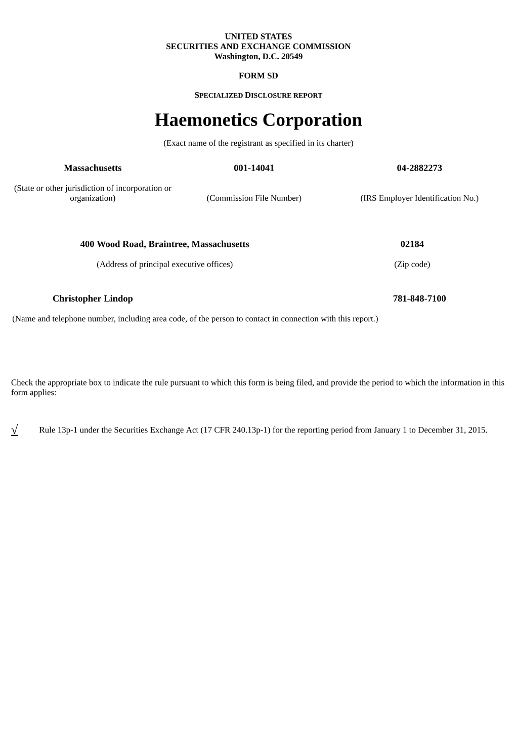 Haemonetics Corporation