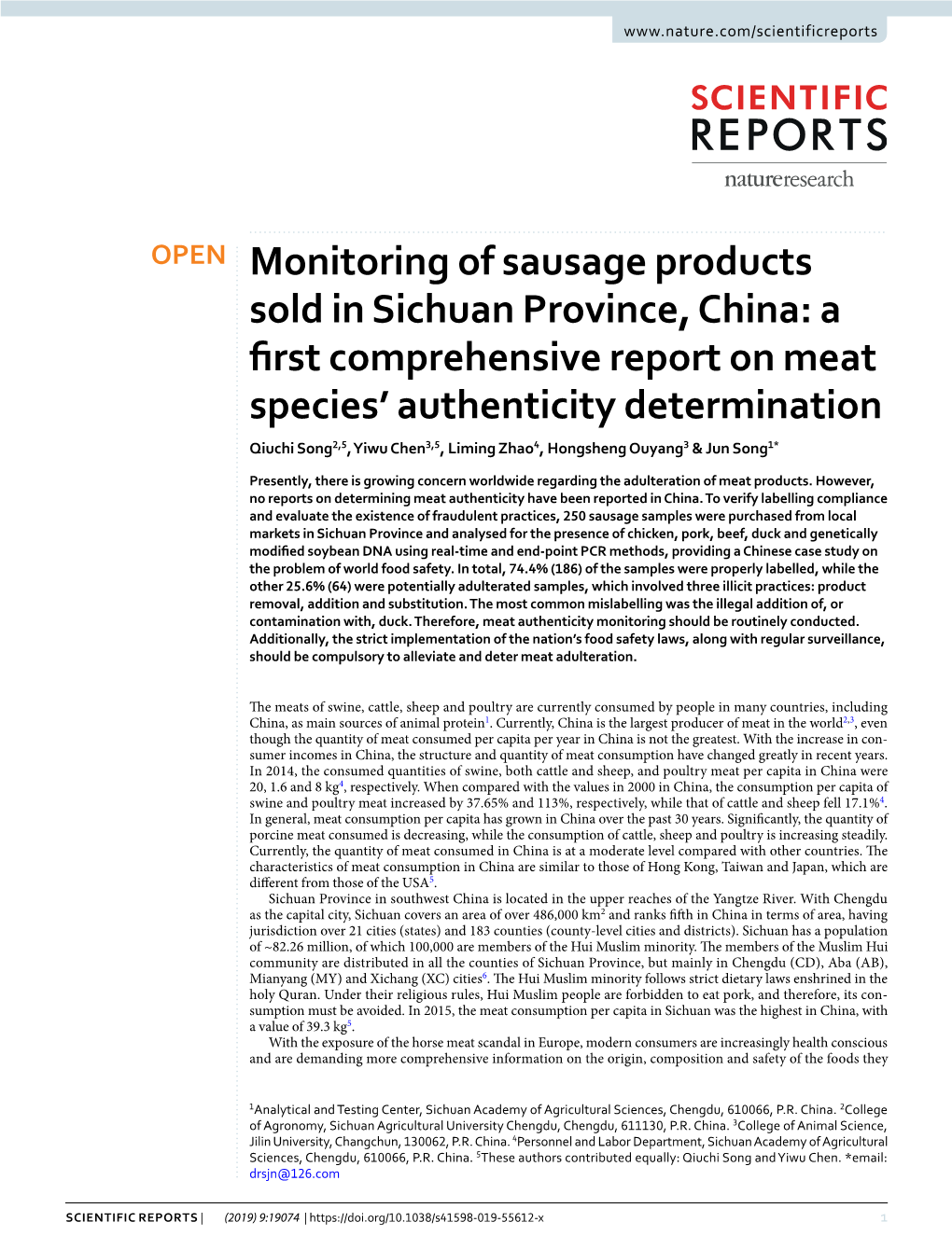 Monitoring of Sausage Products Sold in Sichuan Province, China