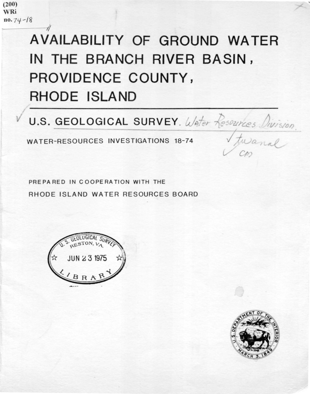 Availability of Ground Water in the Branch River Basin; Providence