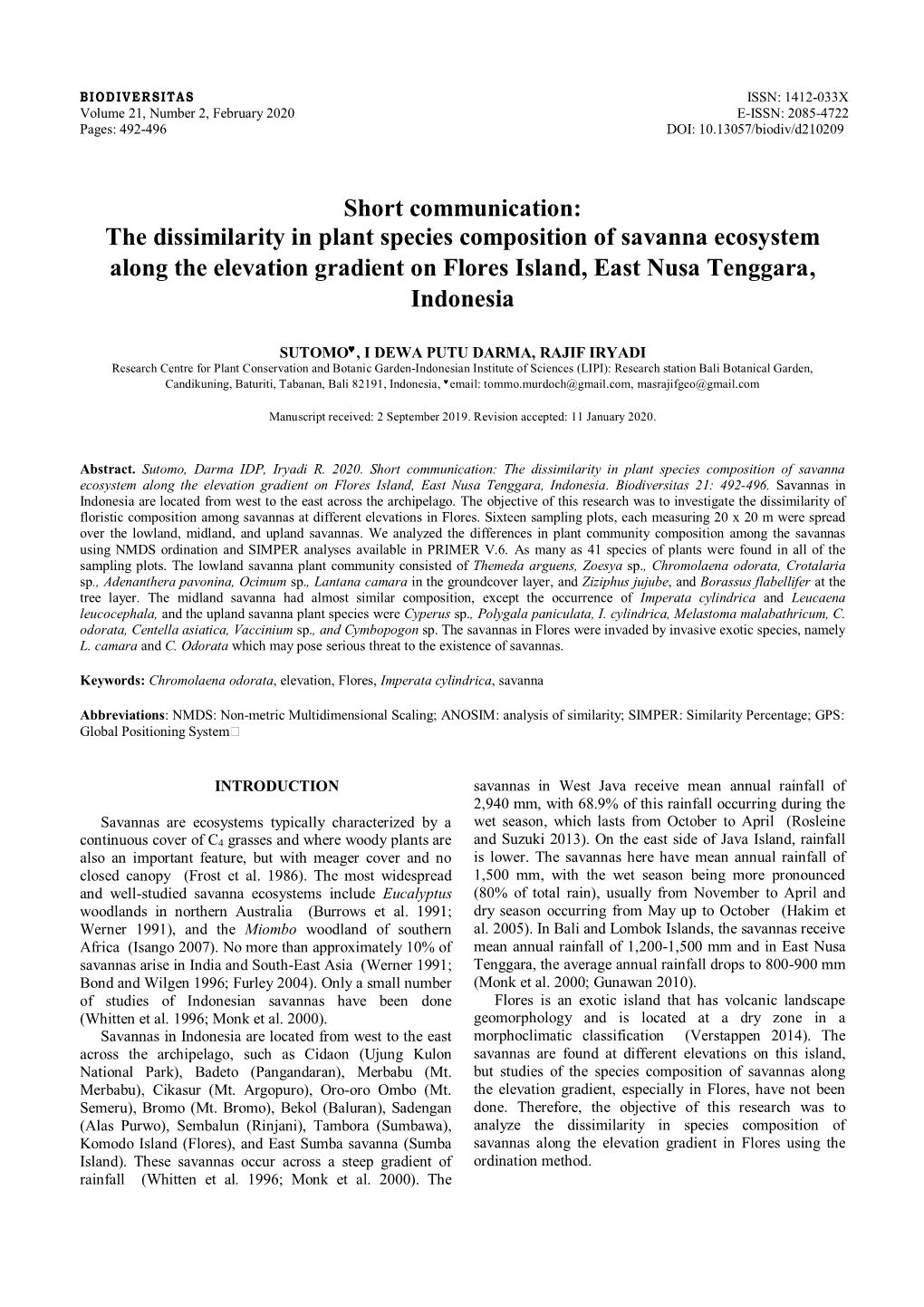 The Dissimilarity in Plant Species Composition of Savanna Ecosystem Along the Elevation Gradient on Flores Island, East Nusa Tenggara, Indonesia