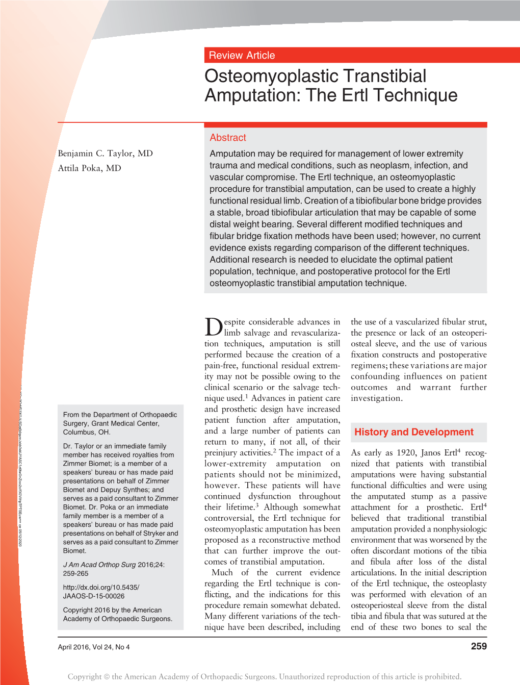 Osteomyoplastic Transtibial Amputation: the Ertl Technique 2016;24: the American Academy of Orthopaedic Surgeons