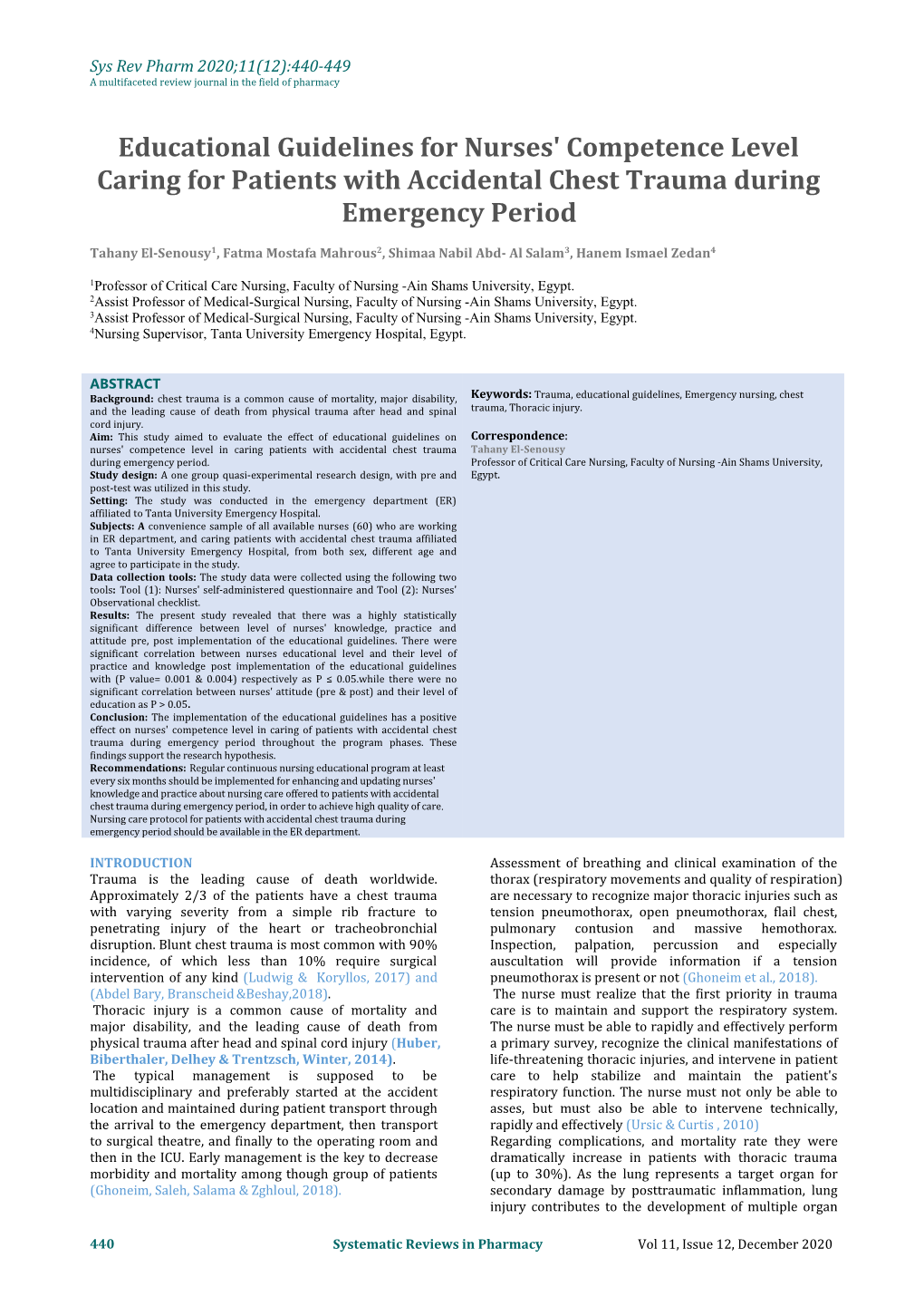 Educational Guidelines for Nurses' Competence Level Caring for Patients with Accidental Chest Trauma During Emergency Period