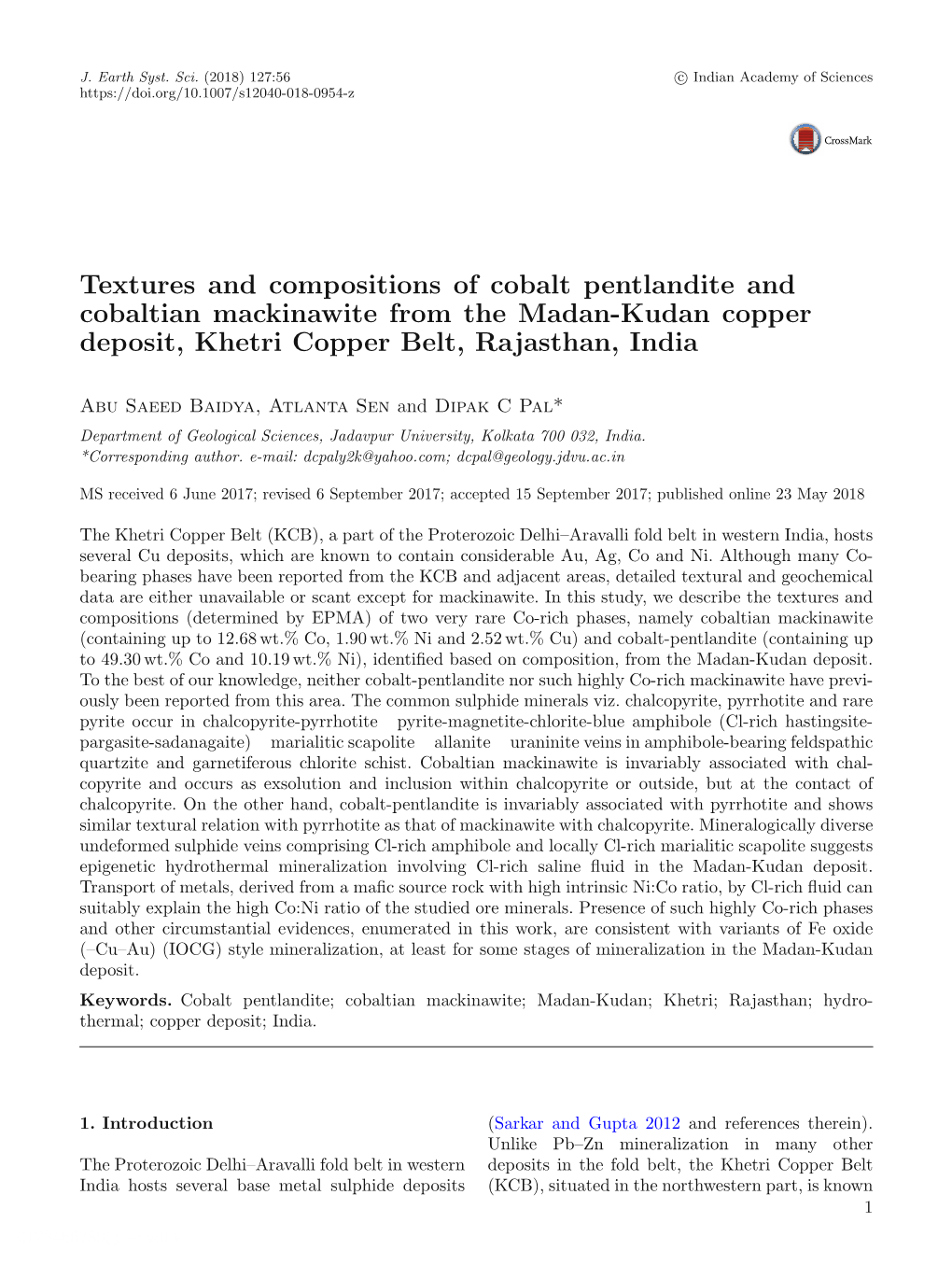 Textures and Compositions of Cobalt Pentlandite and Cobaltian Mackinawite from the Madan-Kudan Copper Deposit, Khetri Copper Belt, Rajasthan, India