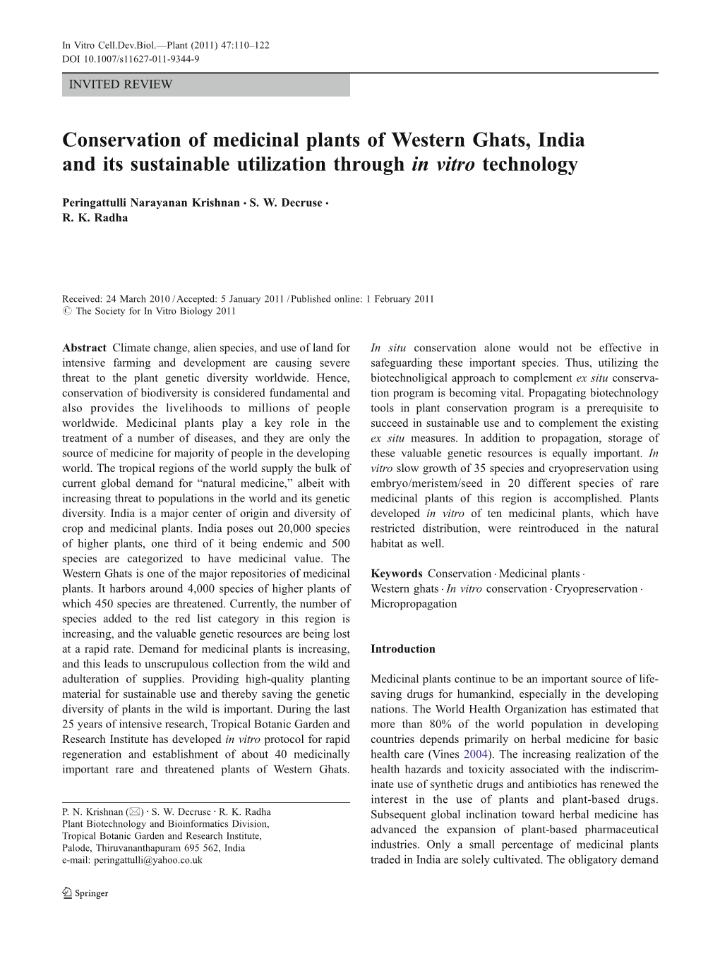 Conservation of Medicinal Plants of Western Ghats, India and Its Sustainable Utilization Through in Vitro Technology