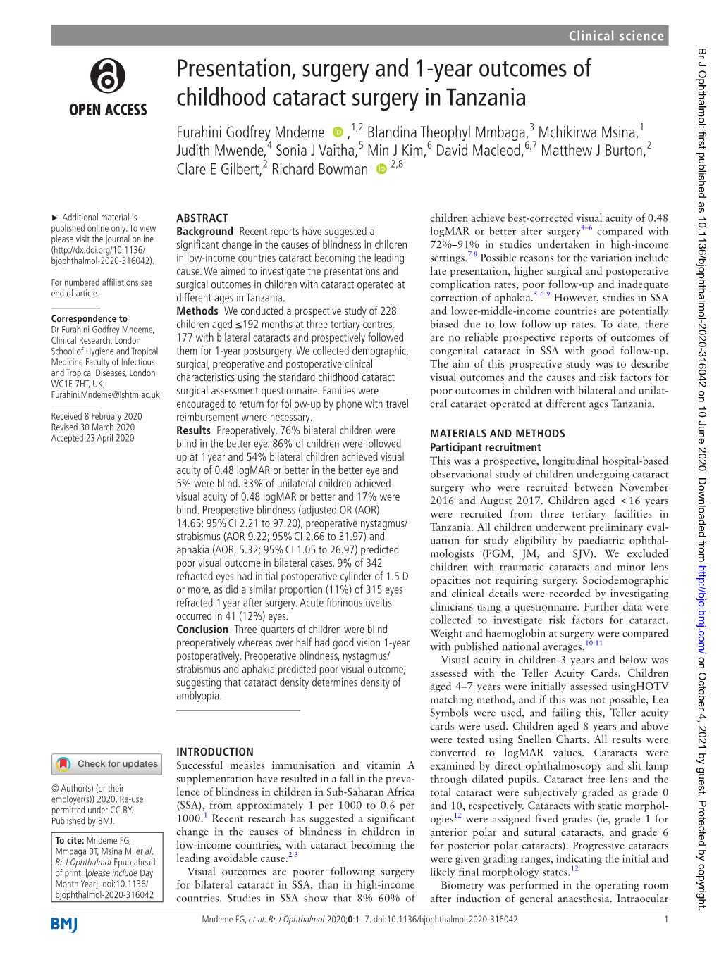 Presentation, Surgery and 1-Year Outcomes of Childhood Cataract