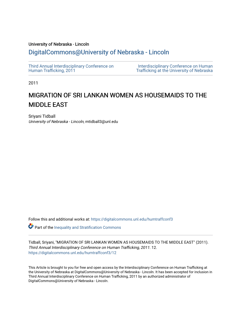 Migration of Sri Lankan Women As Housemaids to the Middle East