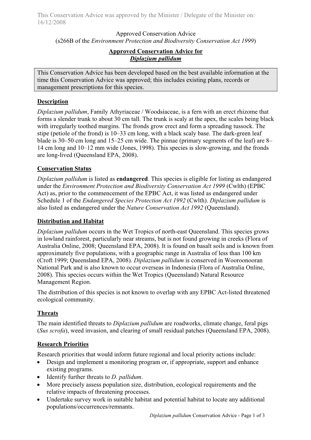 Approved Conservation Advice for Diplazium Pallidum