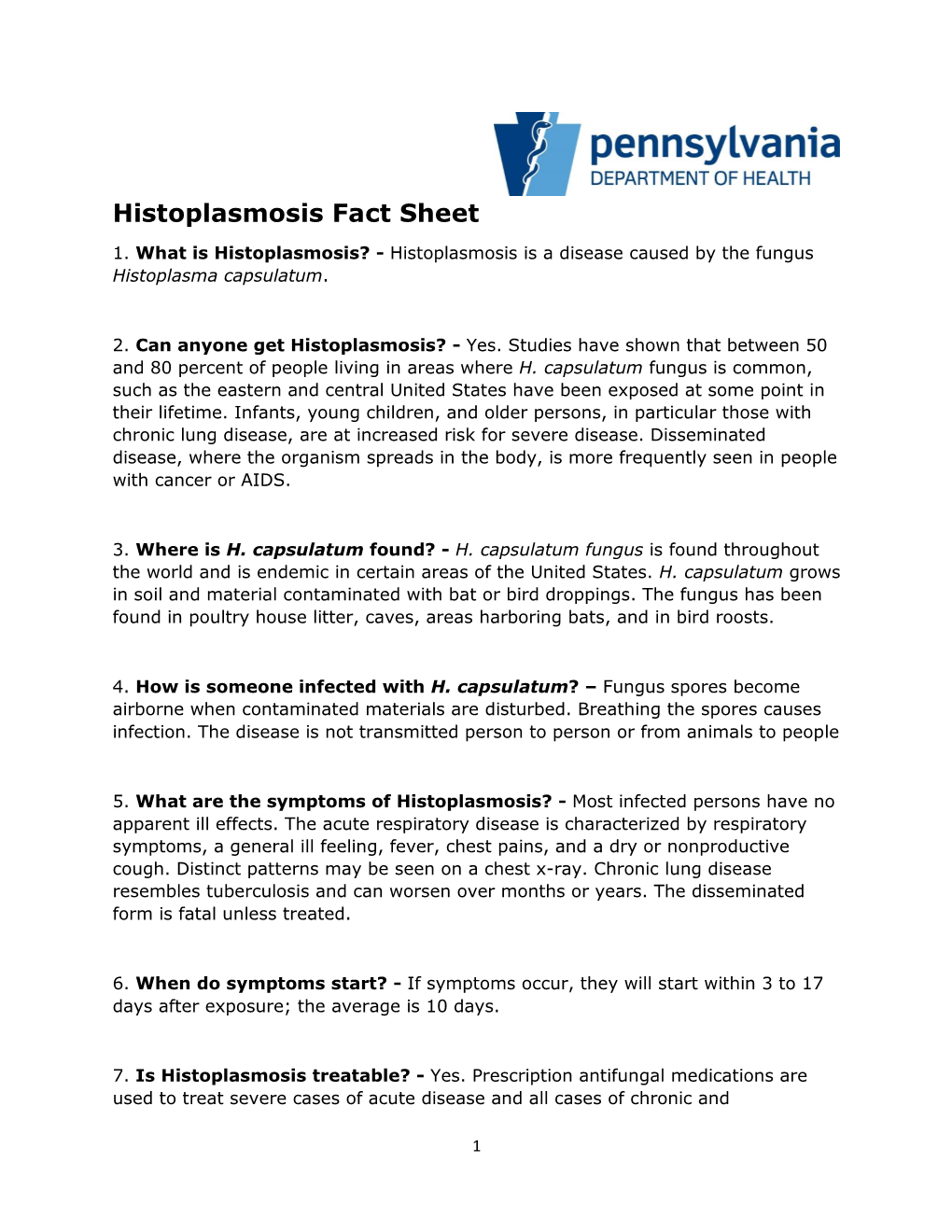 Histoplasmosis Fact Sheet