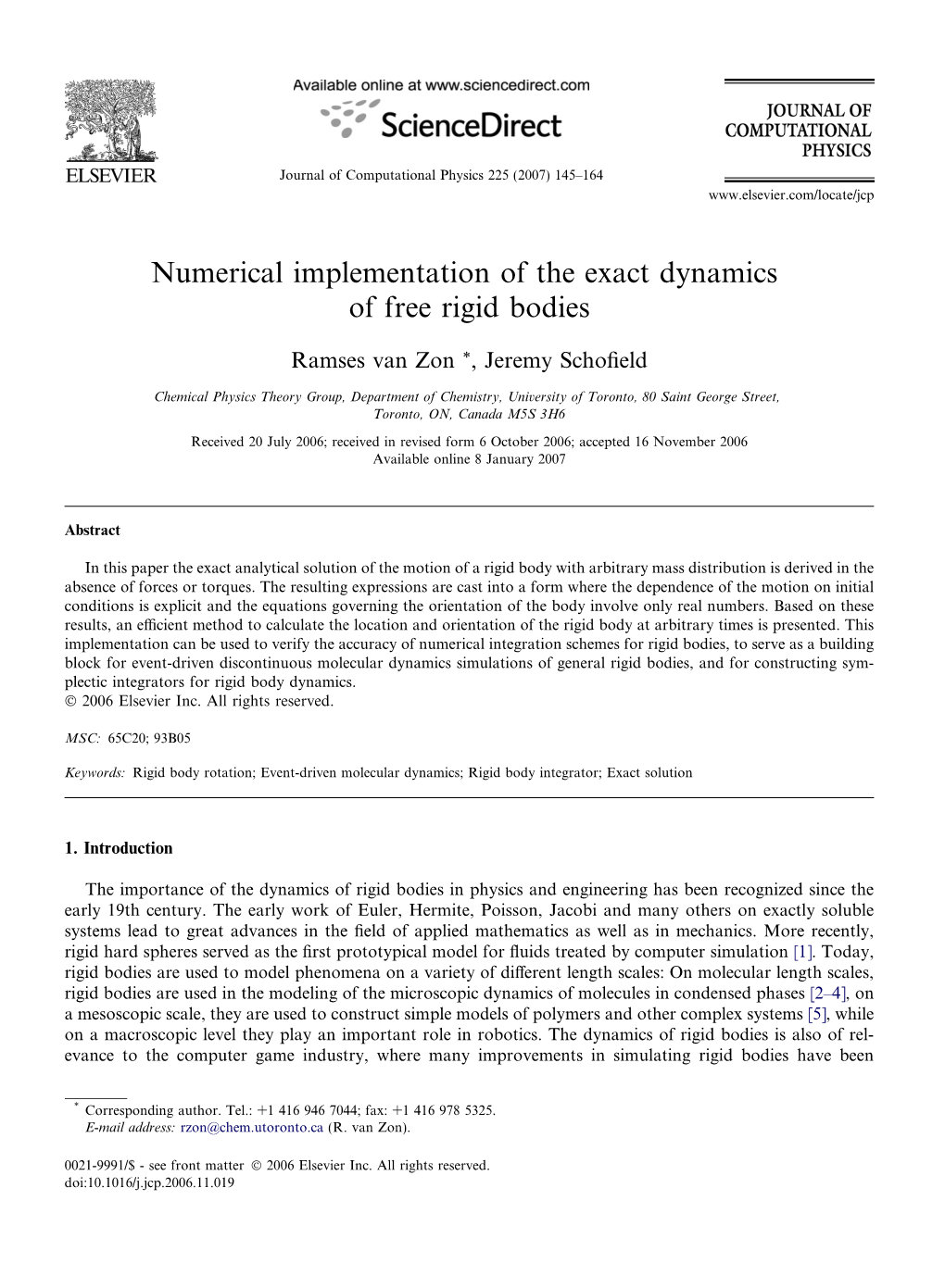 Numerical Implementation of the Exact Dynamics of Free Rigid Bodies