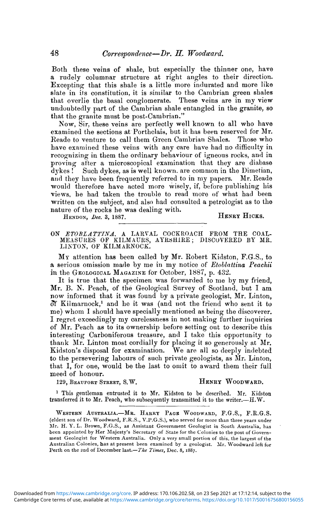 On Etoblattina, a Larval Cockroach from the Coal-Measures of Kilmaurs