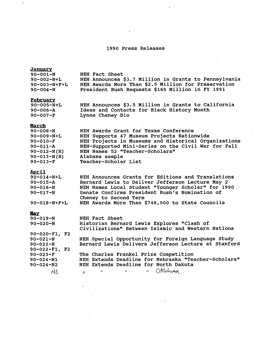 1990 Press Releases January 90-001-N 90-002-N+L 90-003-N+F