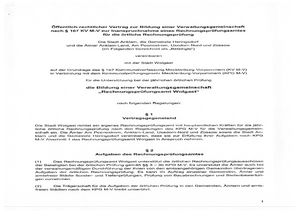 Vertrag Zur Bildung Einer Vetwaltungsgemeinschaft Nach § 167 KV M-Vzur Inanspruchnahme Eines Rechnungsprüfungsamtes Für Die Örtliche Rechnungsprüfung