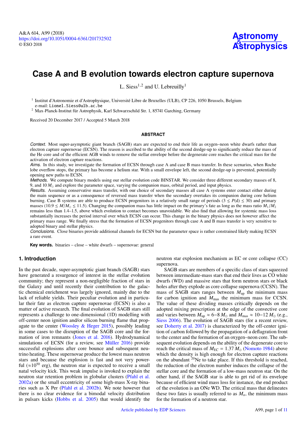 Case a and B Evolution Towards Electron Capture Supernova L