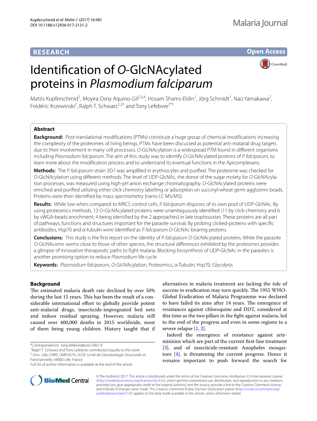 Identification of O-Glcnacylated Proteins in Plasmodium Falciparum