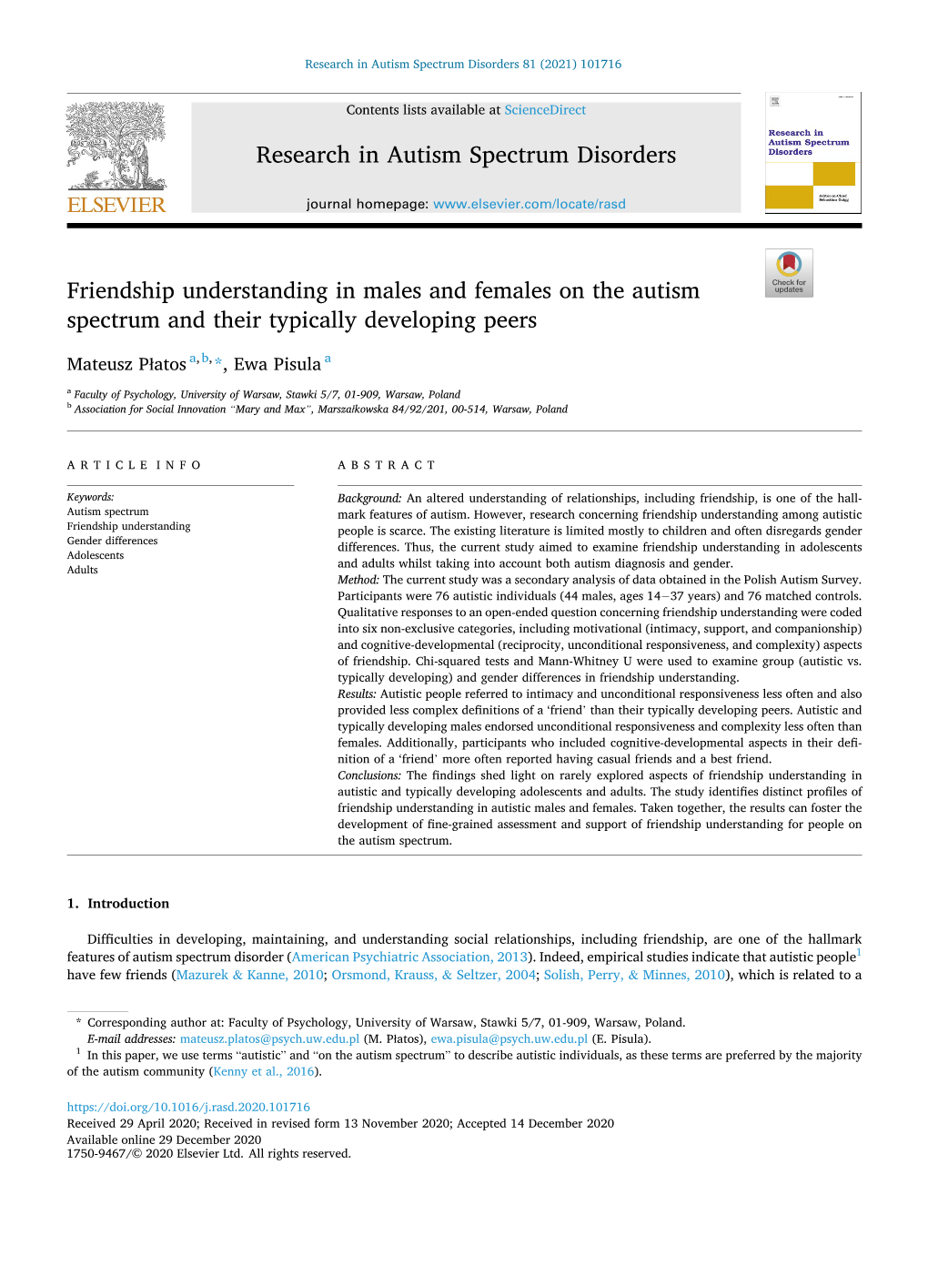 Friendship Understanding in Males and Females on the Autism Spectrum and Their Typically Developing Peers