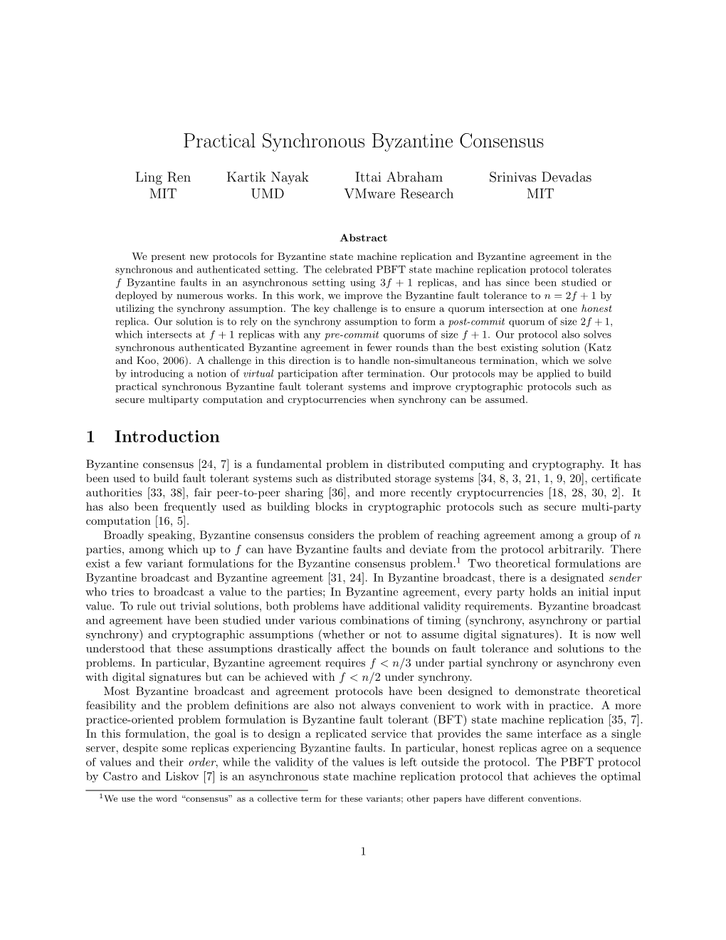 Practical Synchronous Byzantine Consensus