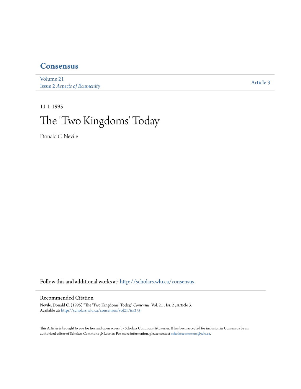 The 'Two Kingdoms' Today Donald C