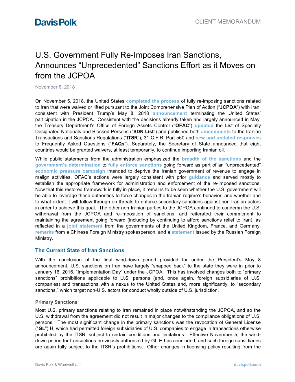 US Government Fully Re-Imposes Iran Sanctions, Announces