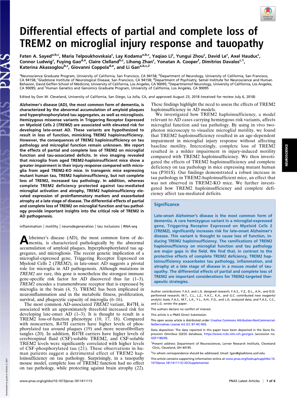 Differential Effects of Partial and Complete Loss of TREM2 on Microglial Injury Response and Tauopathy