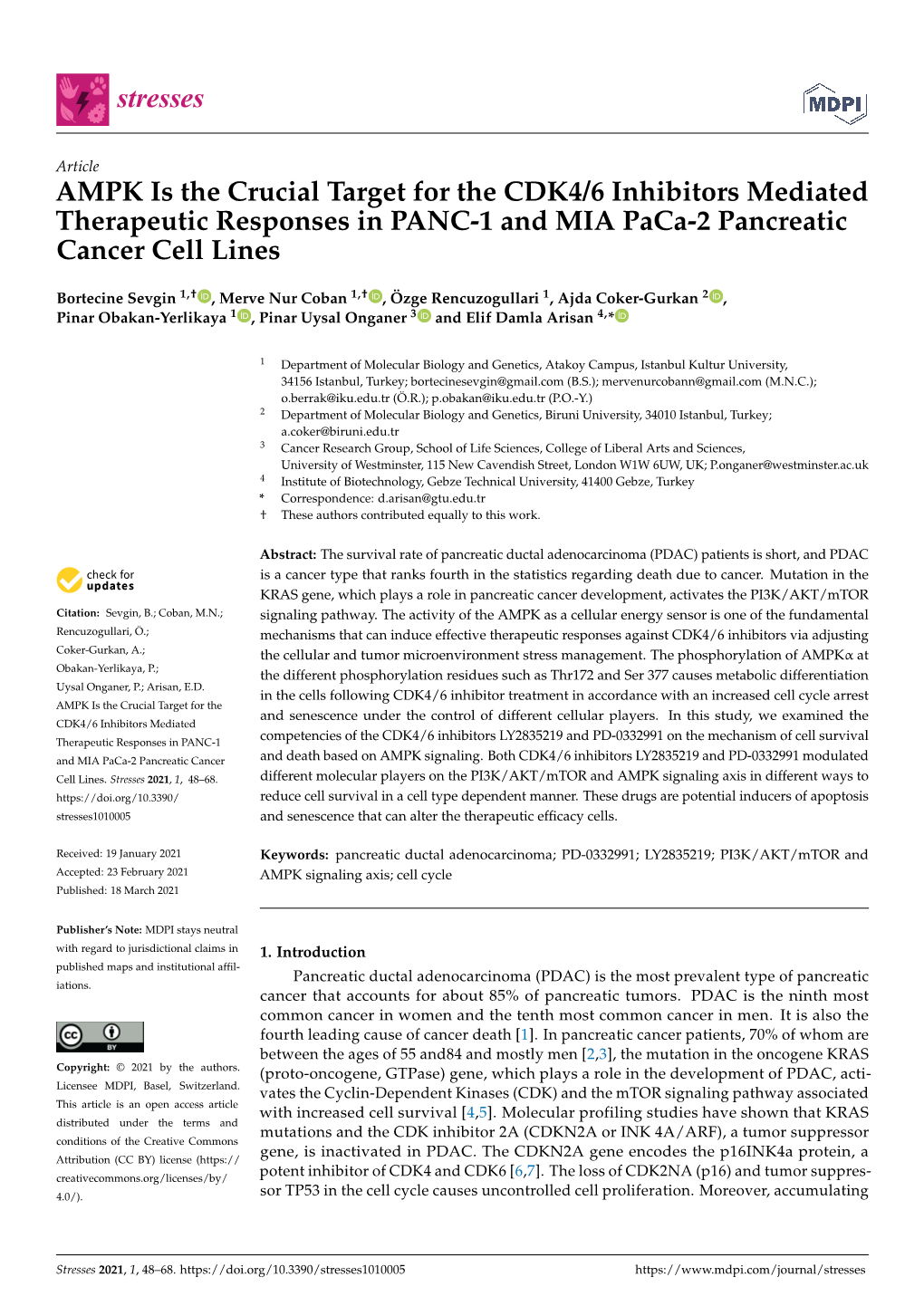 AMPK Is the Crucial Target for the CDK4/6 Inhibitors Mediated Therapeutic Responses in PANC-1 and MIA Paca-2 Pancreatic Cancer Cell Lines