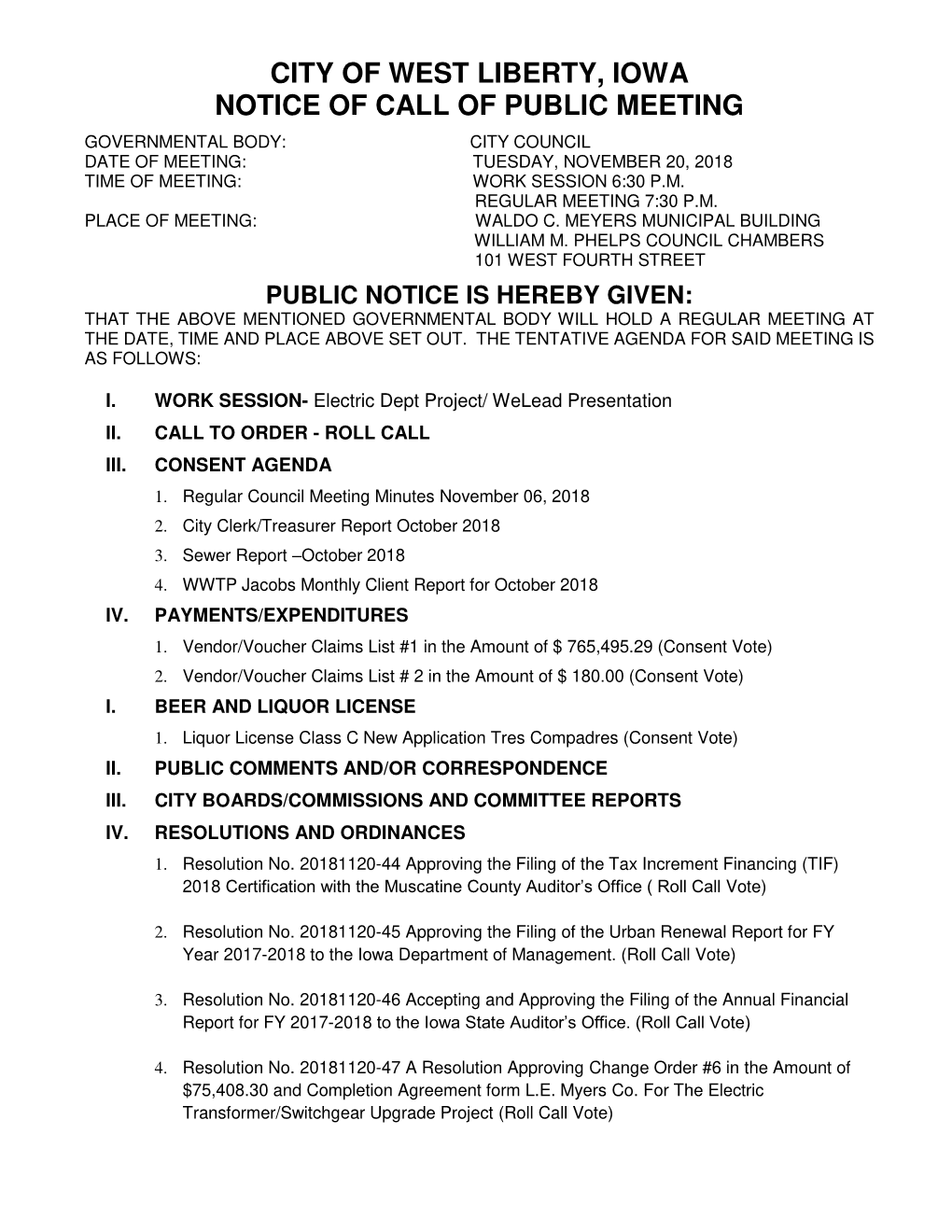 City of West Liberty, Iowa Notice of Call of Public Meeting