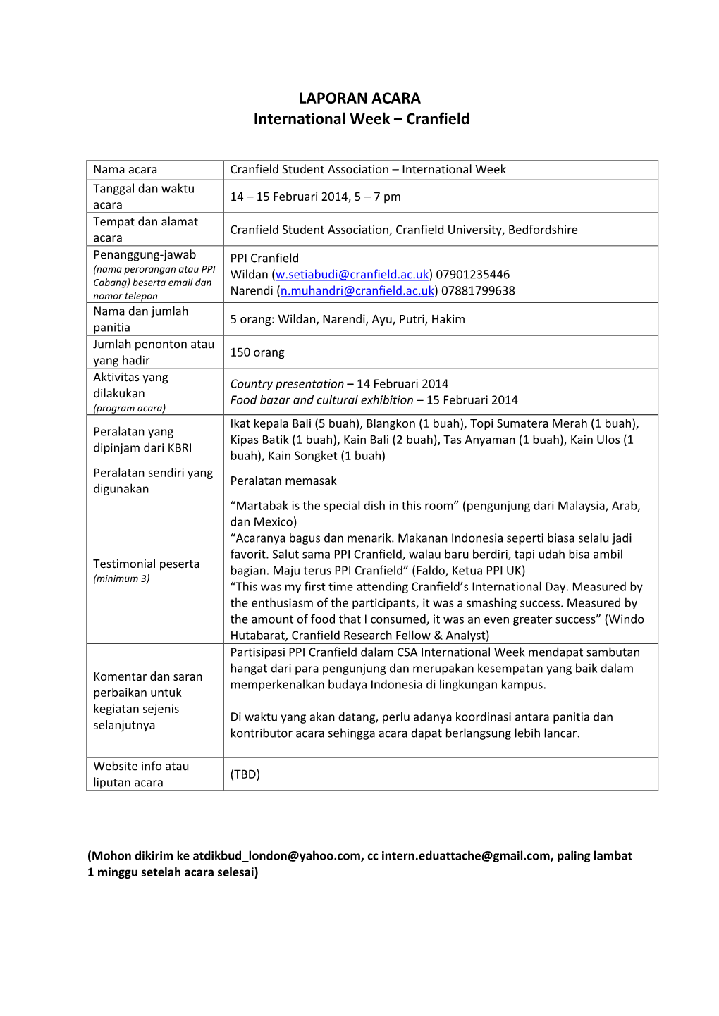 LAPORAN ACARA International Week – Cranfield