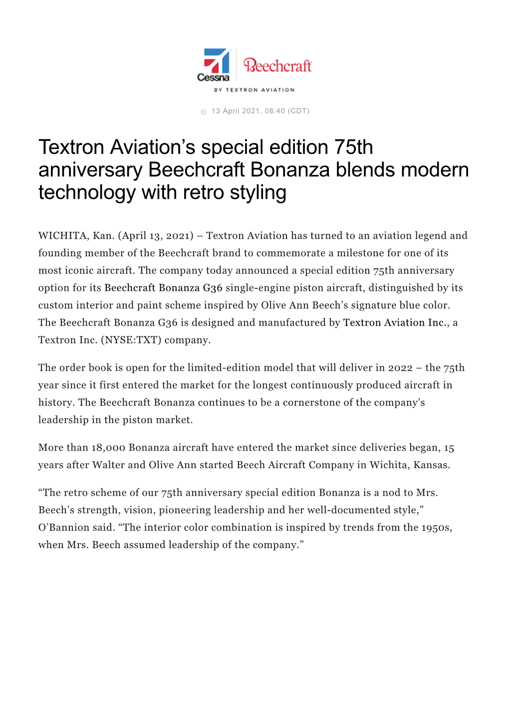 Textron Aviation's Special Edition 75Th Anniversary Beechcraft Bonanza