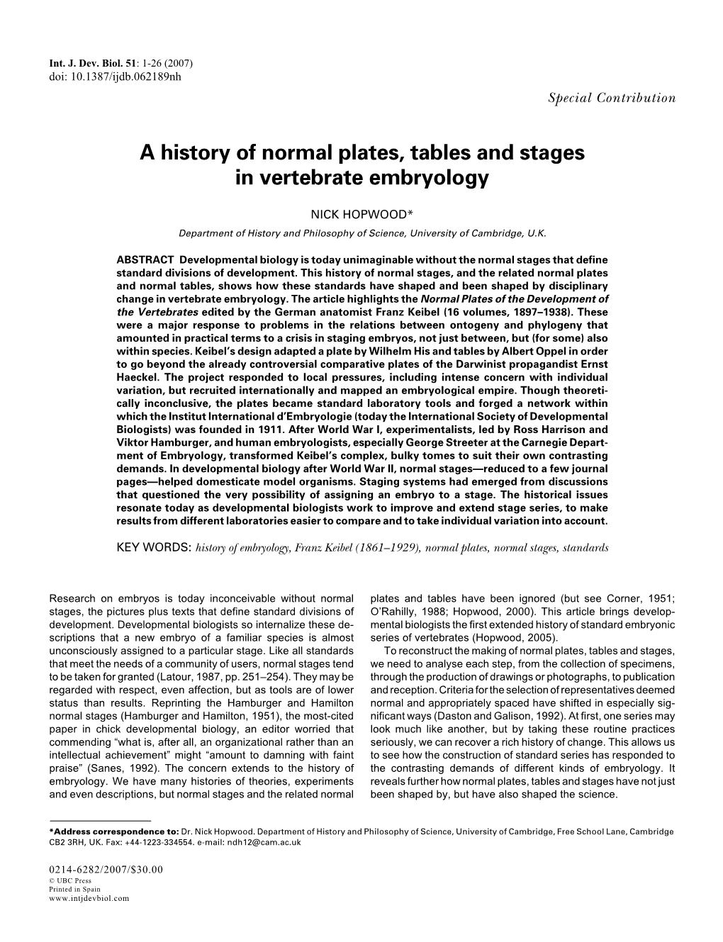 A History of Normal Plates, Tables and Stages in Vertebrate Embryology