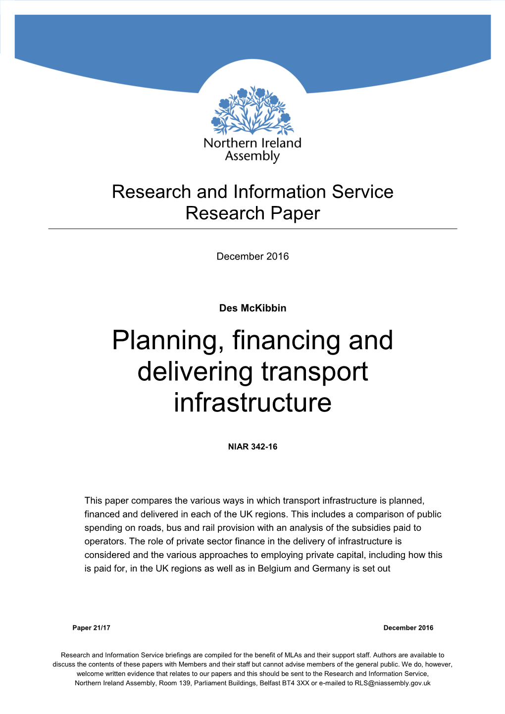 Planning, Financing and Delivering Transport Infrastructure