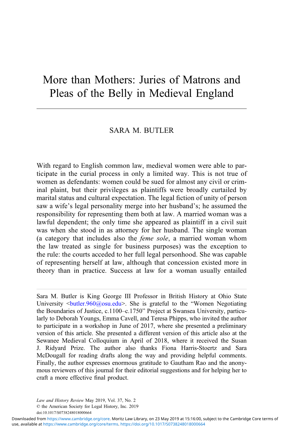 More Than Mothers: Juries of Matrons and Pleas of the Belly in Medieval England