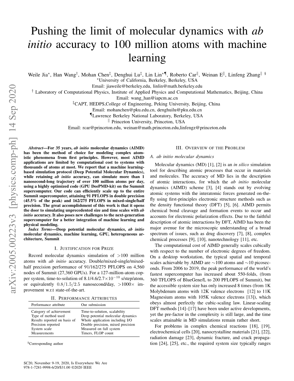 Pushing the Limit of Molecular Dynamics with Ab Initio Accuracy to 100 Million Atoms with Machine Learning