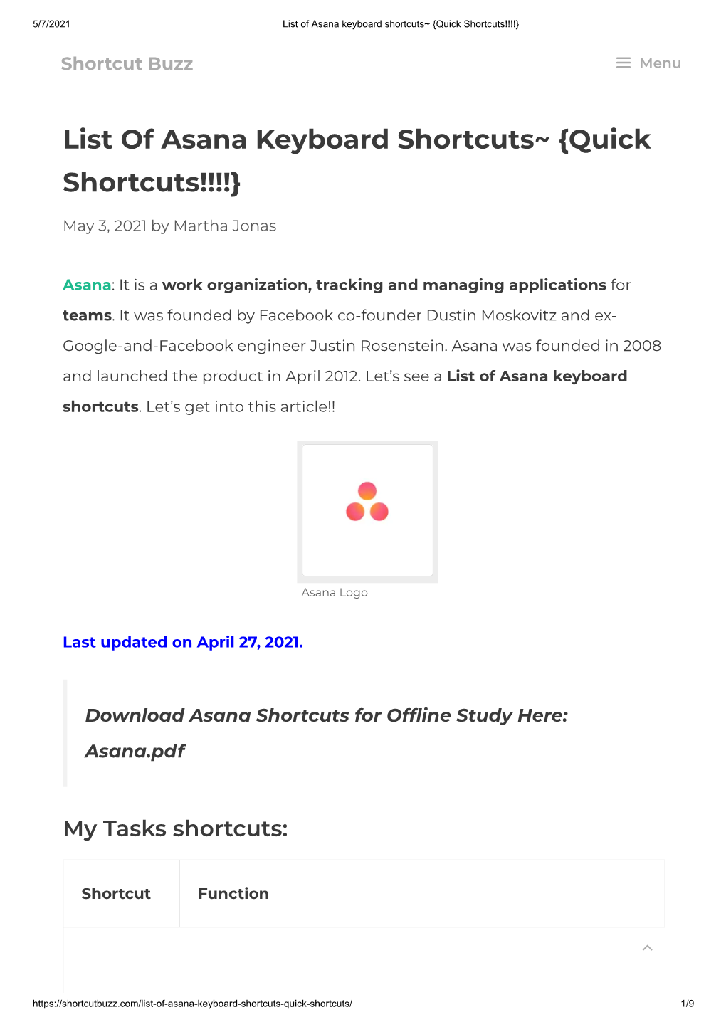 List of Asana Keyboard Shortcuts~ {Quick Shortcuts!!!!}