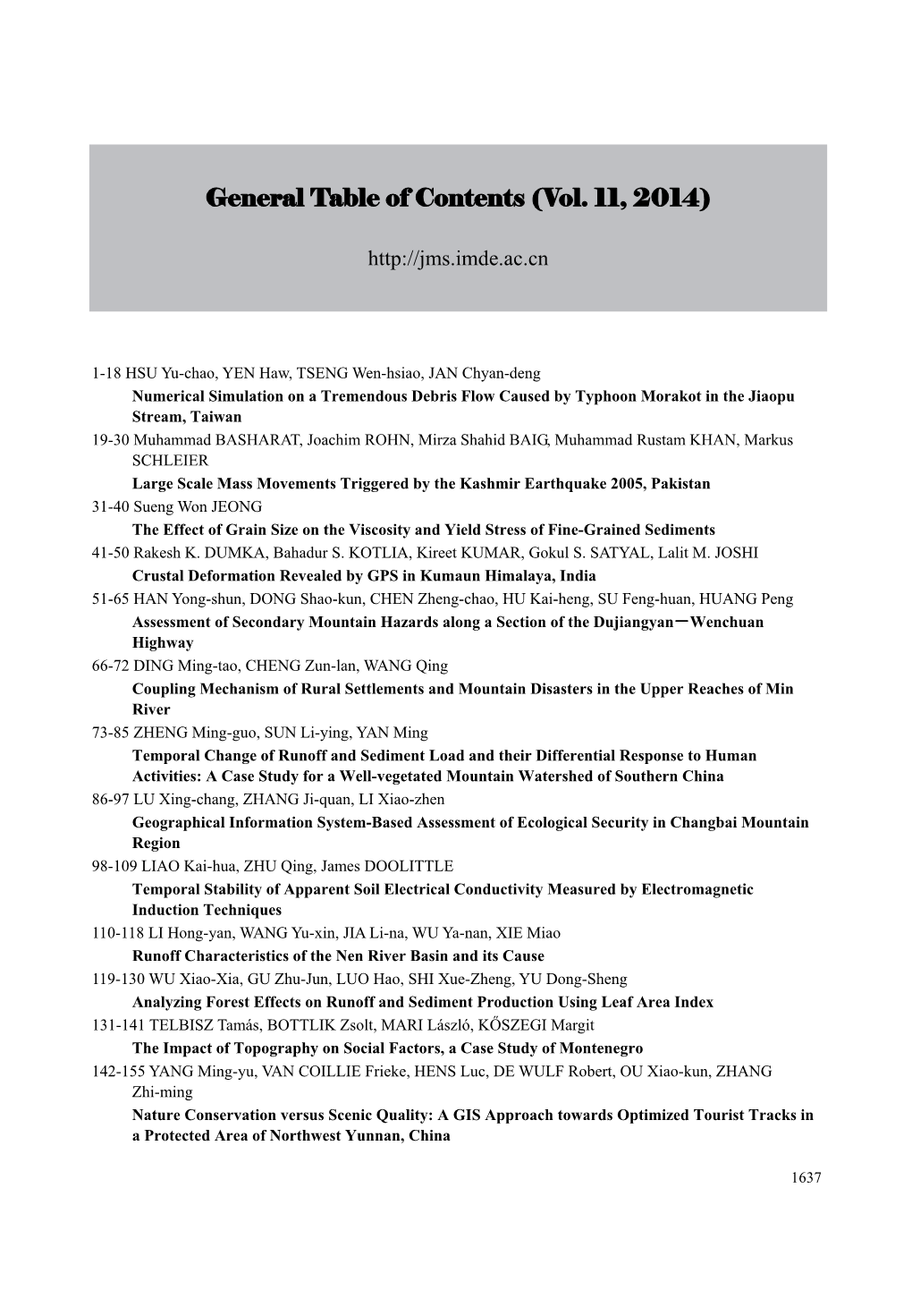 General Table of Contents (Vol. 11, 2014)