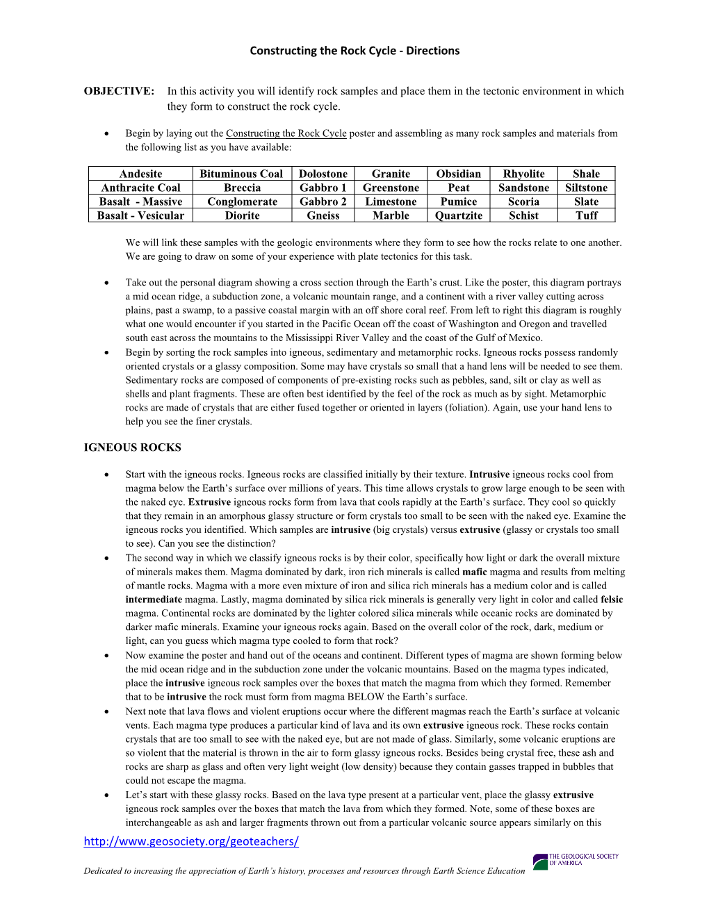 GSA Rock Cycle Activity Directions