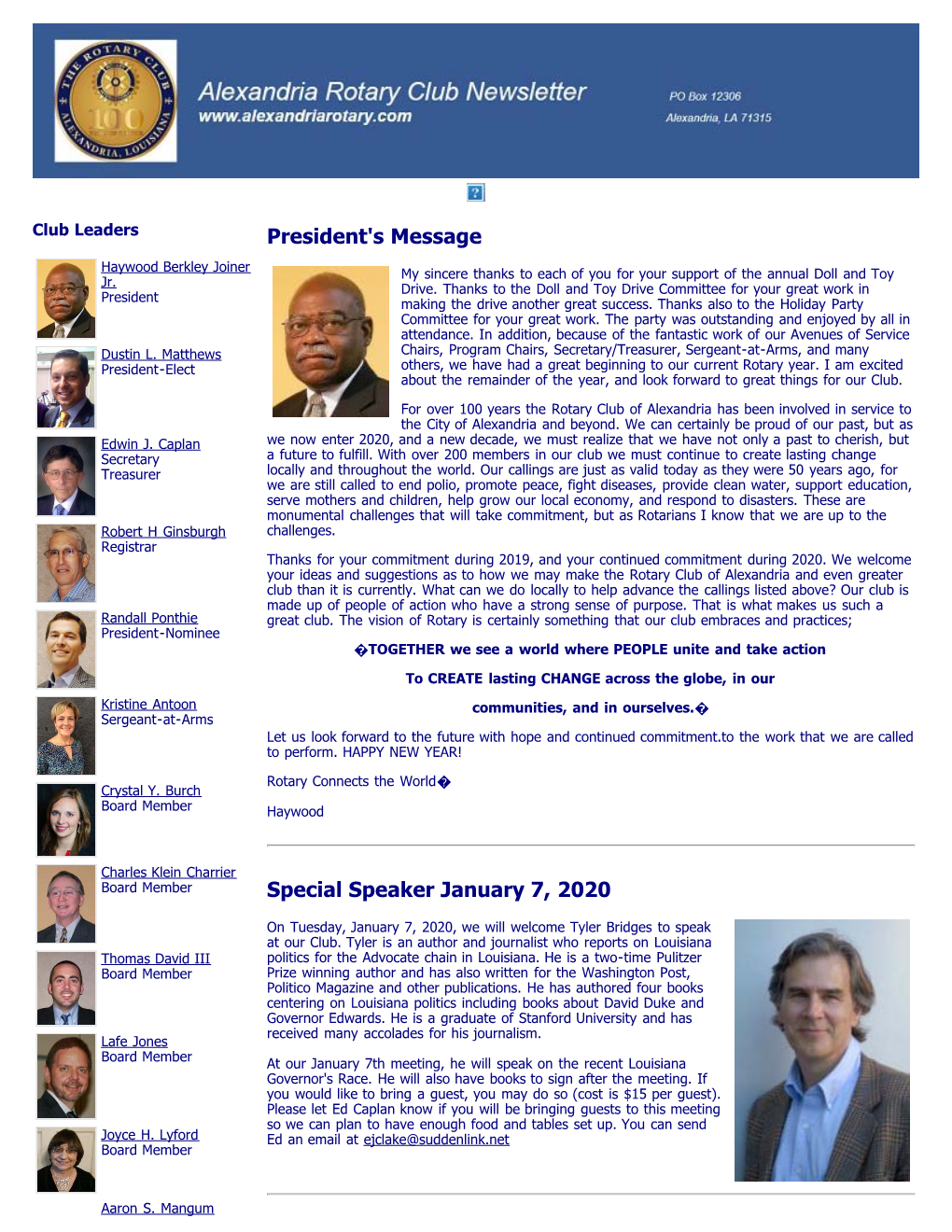 President's Message Special Speaker January 7, 2020