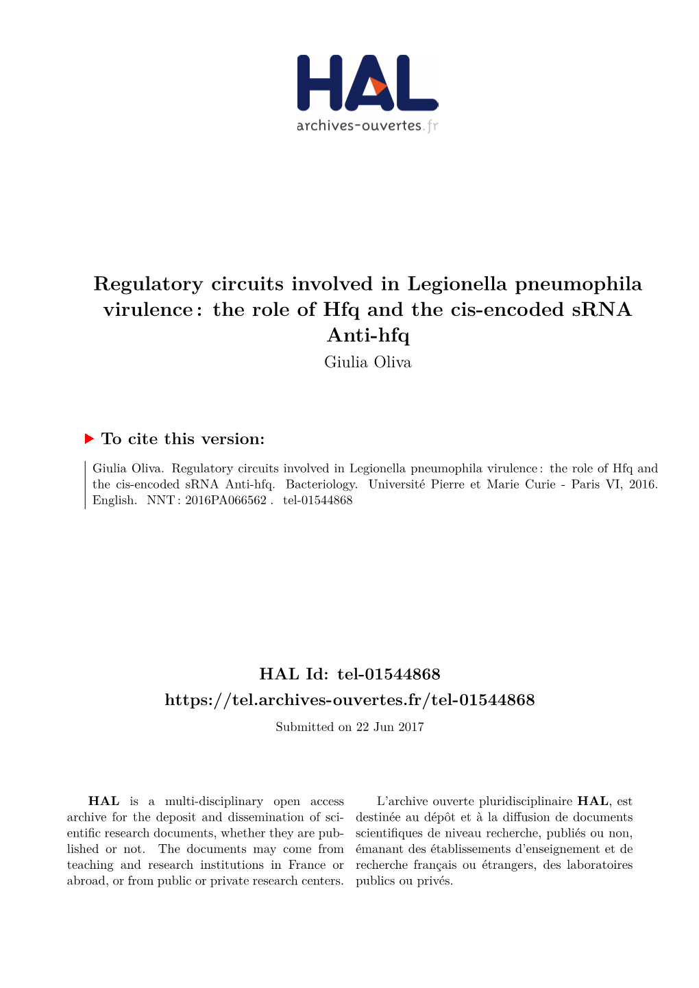 Regulatory Circuits Involved in Legionella Pneumophila Virulence : the Role of Hfq and the Cis-Encoded Srna Anti-Hfq Giulia Oliva