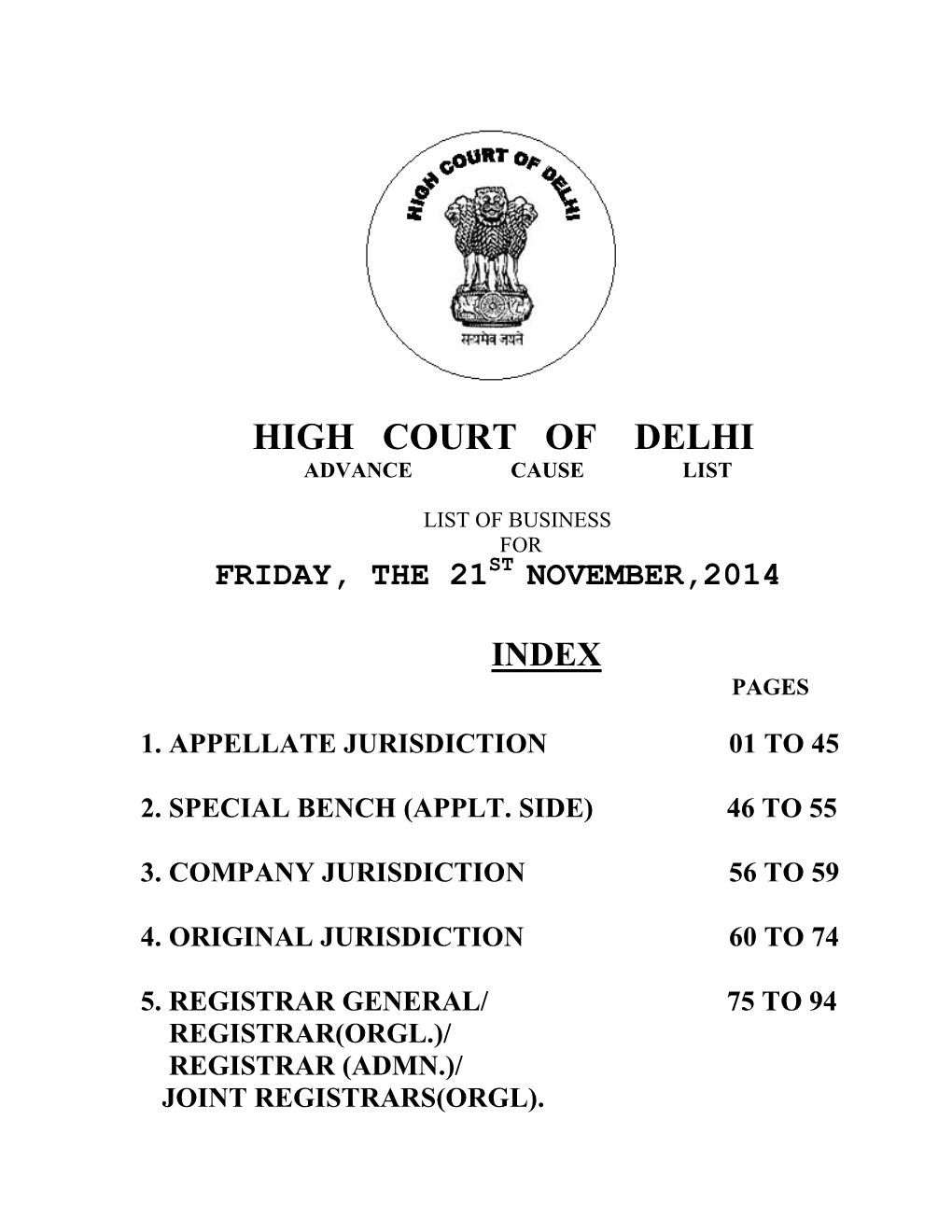 High Court of Delhi Advance Cause List