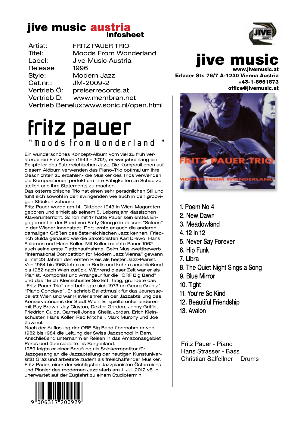 FRITZ PAUER TRIO Titel: Moods from Wonderland Label: Jive Music Austria Jive Music Release 1996 Style: Modern Jazz Erlaaer StR