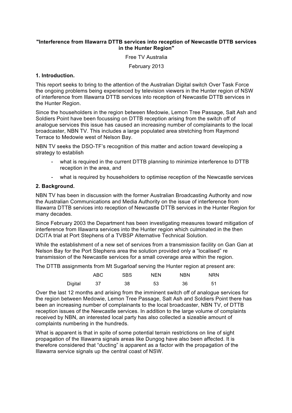 "Interference from Illawarra DTTB Services Into Reception of Newcastle DTTB Services in the Hunter Region" Free TV Australia February 2013 1