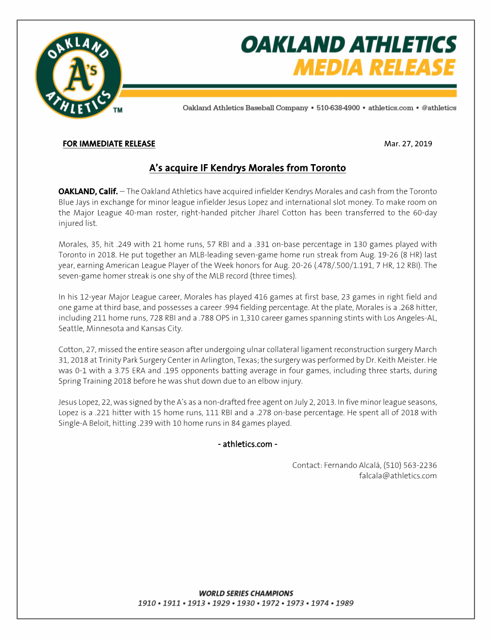 A's Acquire IF Kendrys Morales from Toronto