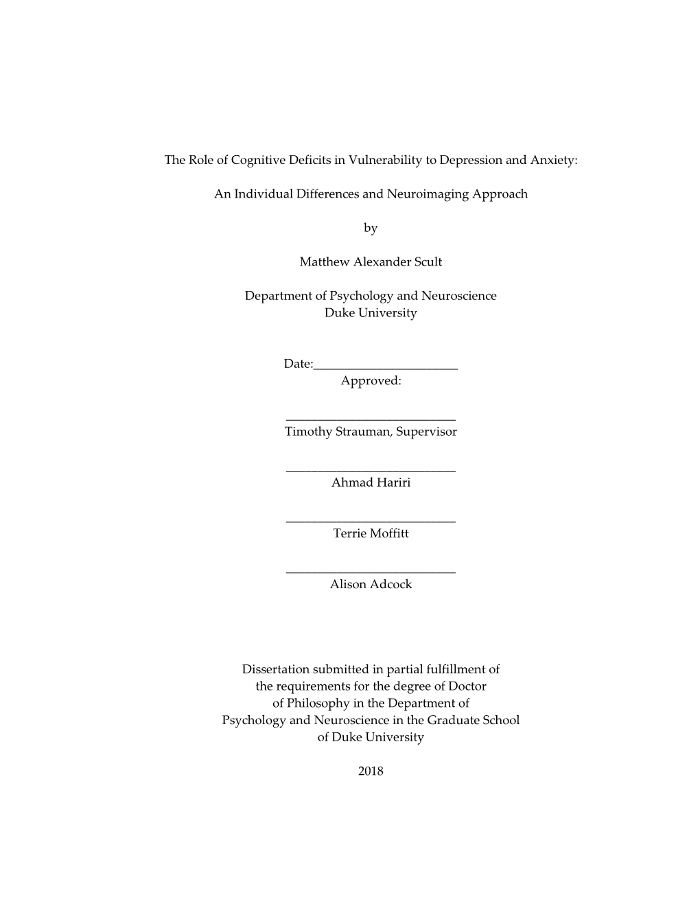 The Role of Cognitive Deficits in Vulnerability to Depression and Anxiety