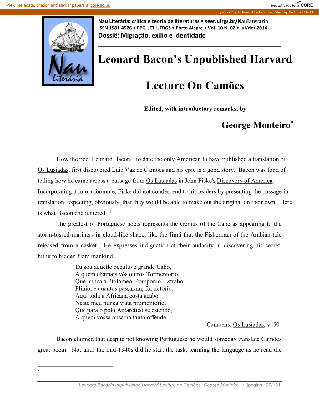Leonard Bacon's Unpublished Harvard Lecture on Camões