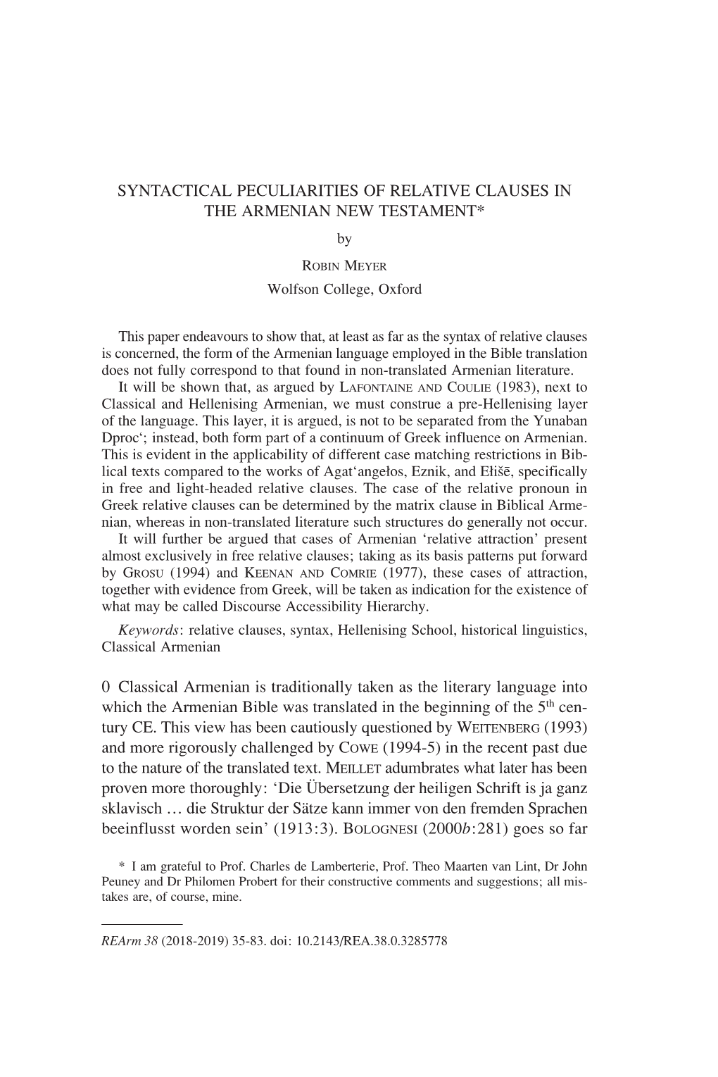 SYNTACTICAL PECULIARITIES of RELATIVE CLAUSES in the ARMENIAN NEW TESTAMENT* By