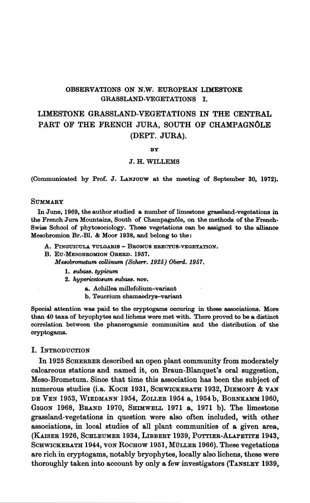 (Dept. Jura) of September Plant Community from Moderately It, on Braun-Blanquet's Suggestion, Subject of 1954, Zoller 1960, 1