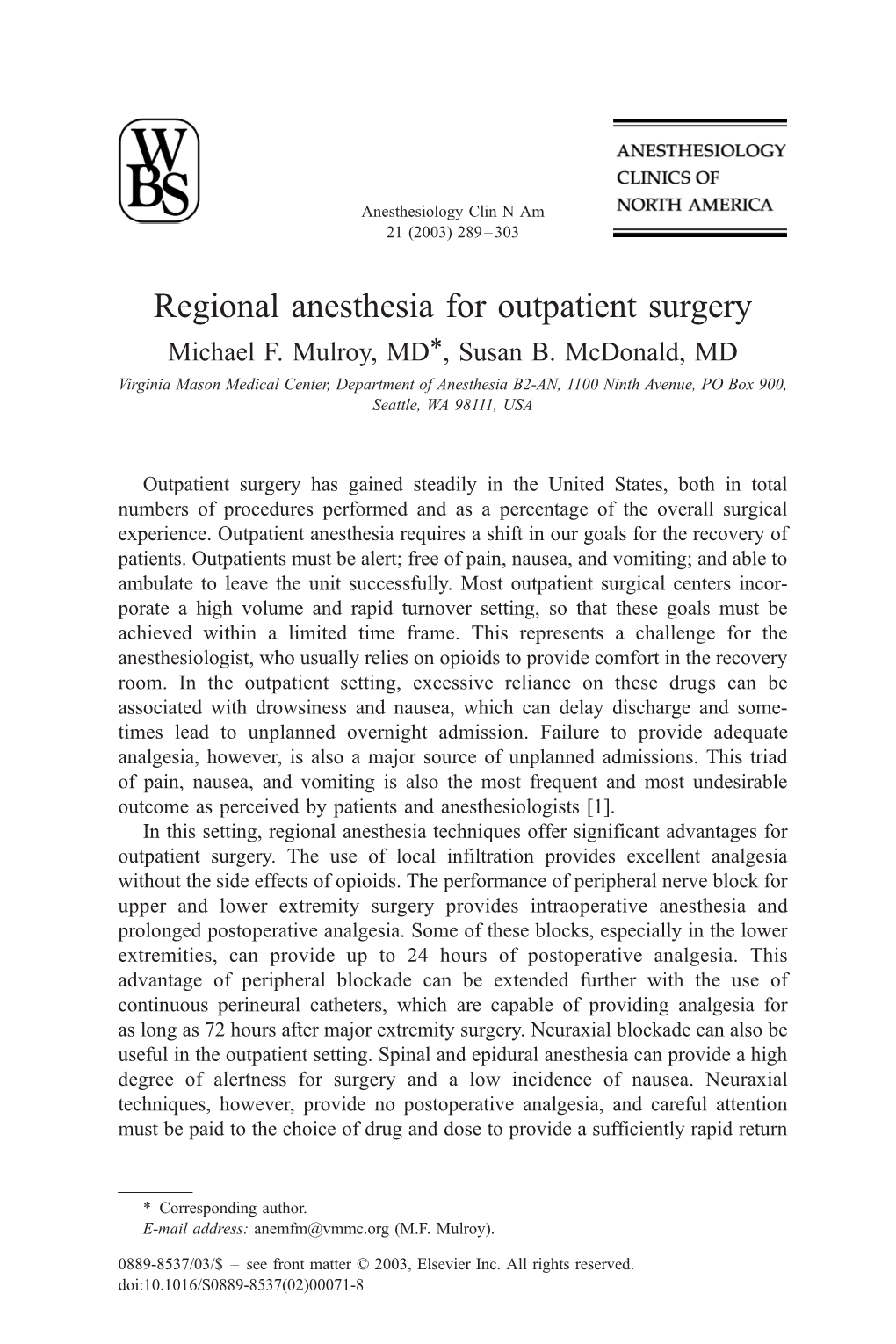 Regional Anesthesia for Outpatient Surgery Michael F