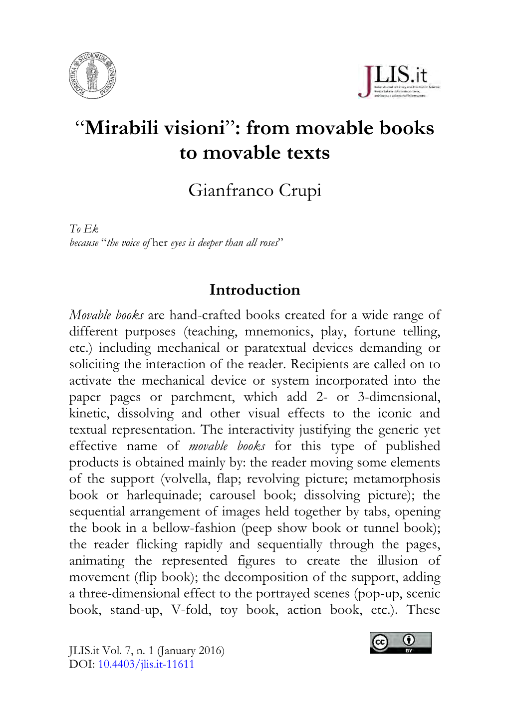 “Mirabili Visioni”: from Movable Books to Movable Texts Gianfranco Crupi