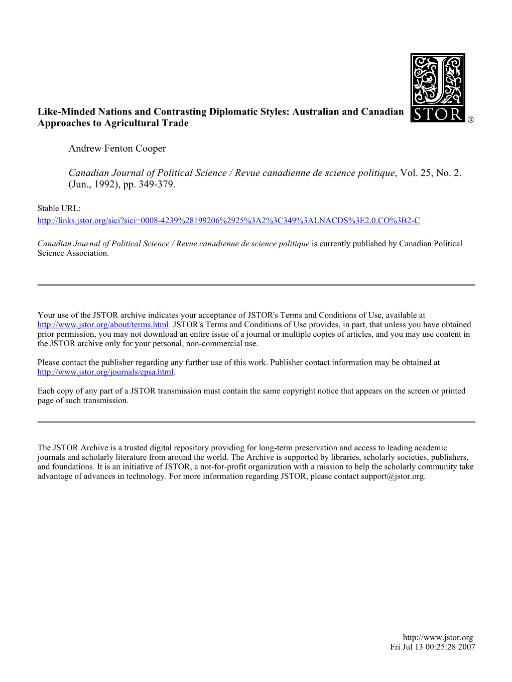 Like-Minded Nations and Contrasting Diplomatic Styles: Australian and Canadian Approaches to Agricultural Trade